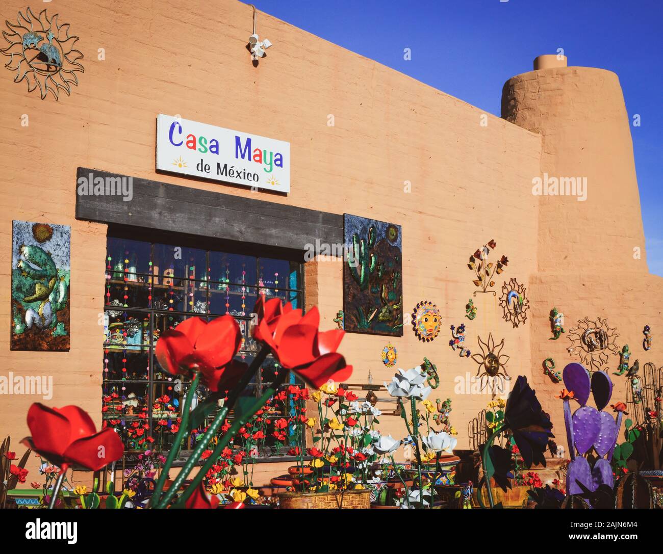 Colorful metal art on display at Casa Maya de Mexico, a shopping