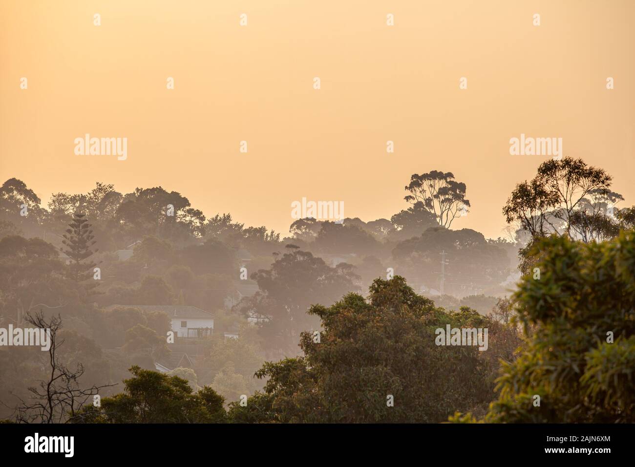 Rural homes in Victoria covered in smoke haze from bush fires Stock Photo
