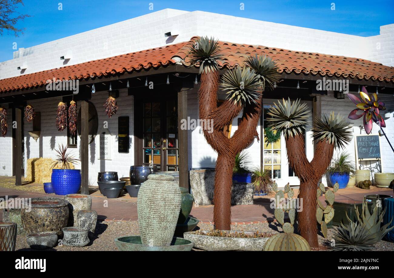 Amazing metal sculptures of Joshua Tree cacti on display outside of ZForrest Fine Art & Contemporary Gallery in old adobe brick building in Tubac, AZ Stock Photo