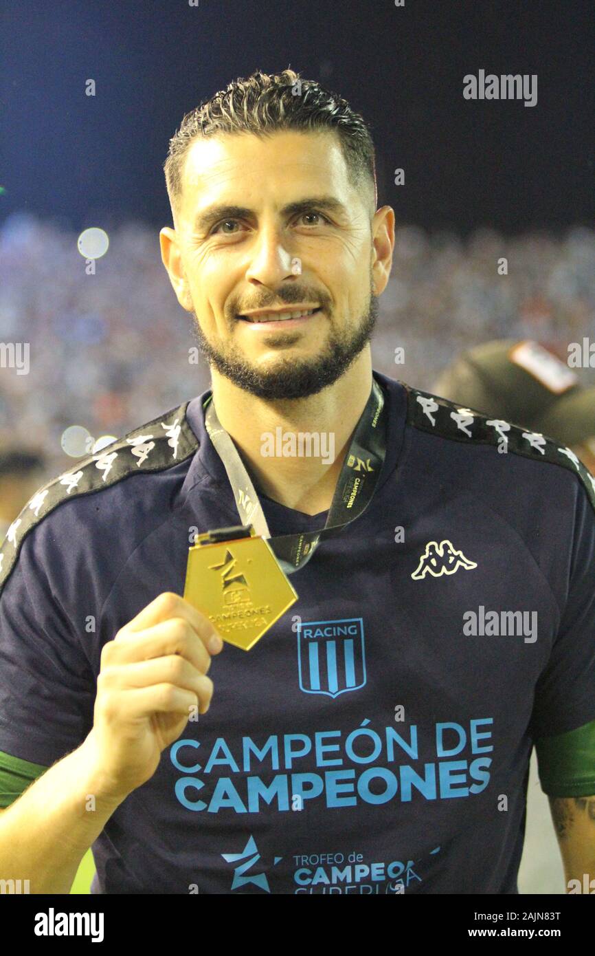 Mar del Plata, Buenos Aires, Argentina. Dec. 14 th 2019. Gabriel Arias shows his champion medal with Racing Club de Avellaneda Stock Photo