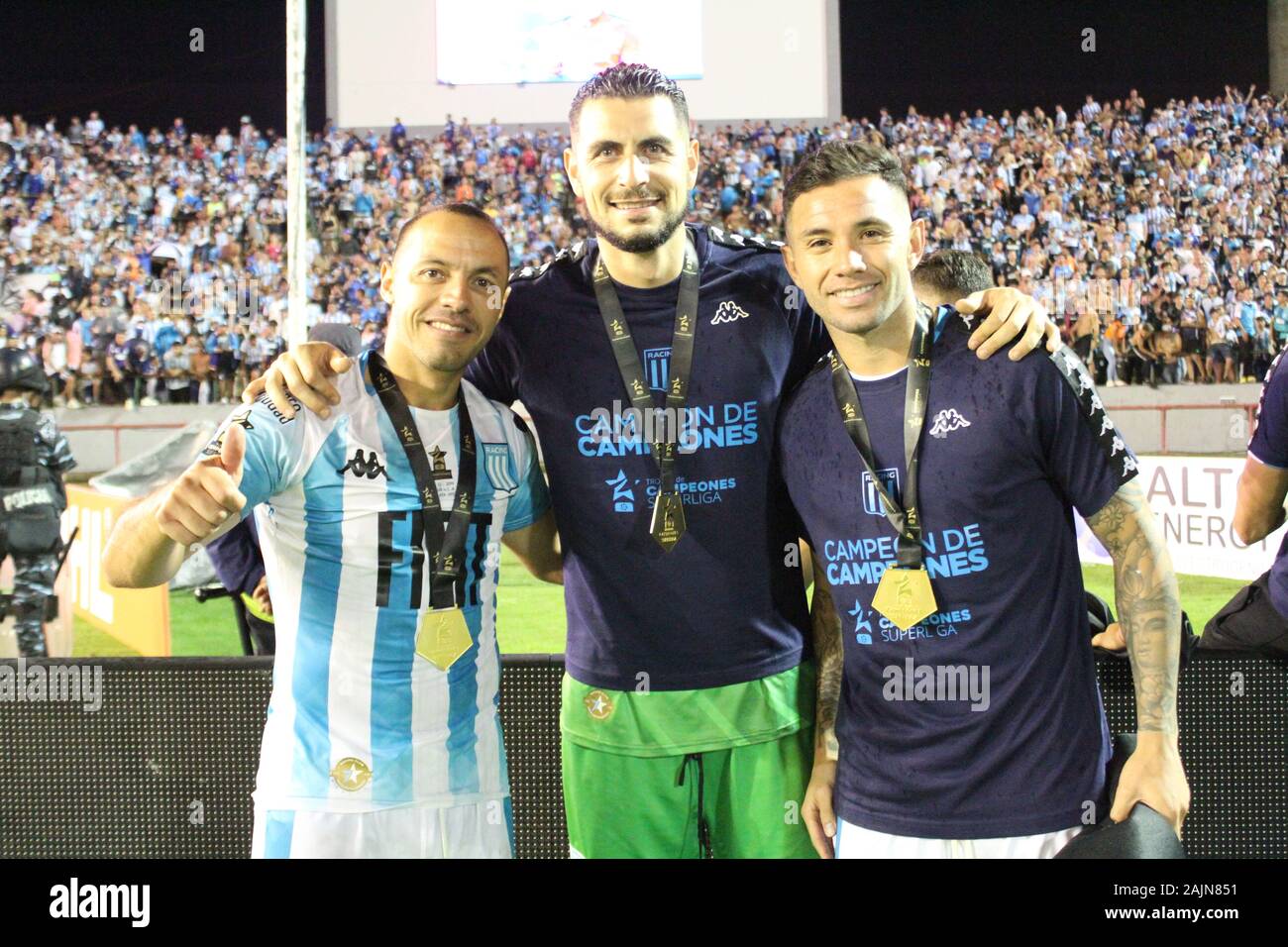 Mar del Plata, Argentina. Dec. 14 th 2019. Marcelo Díaz, Gabriel Arias and Eugenio Mena, partners in the selection of Chile, celebrate Racing Club Cup Stock Photo