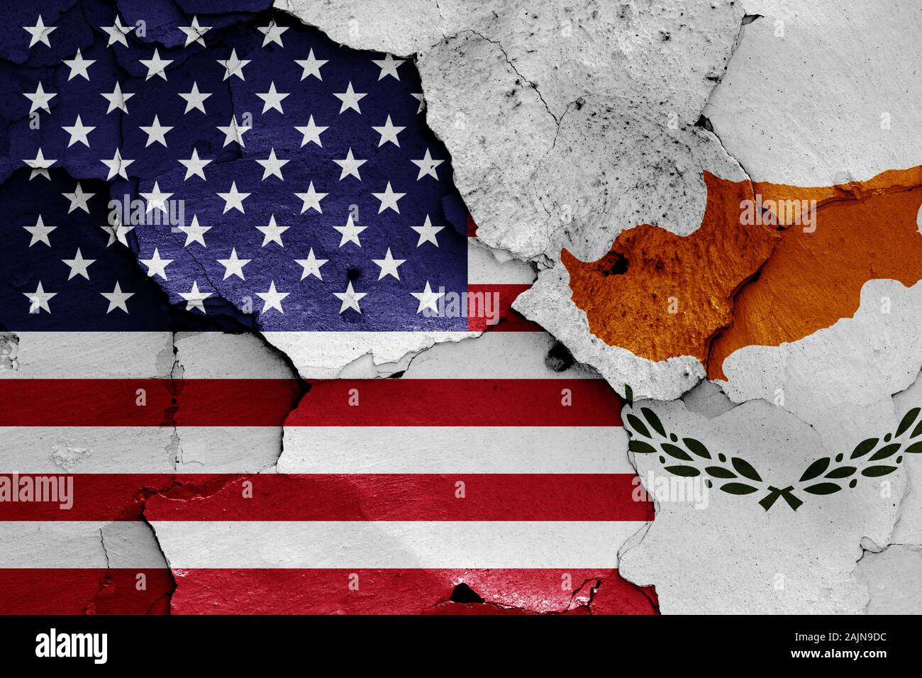 flags of USA and Cyprus painted on cracked wall Stock Photo - Alamy