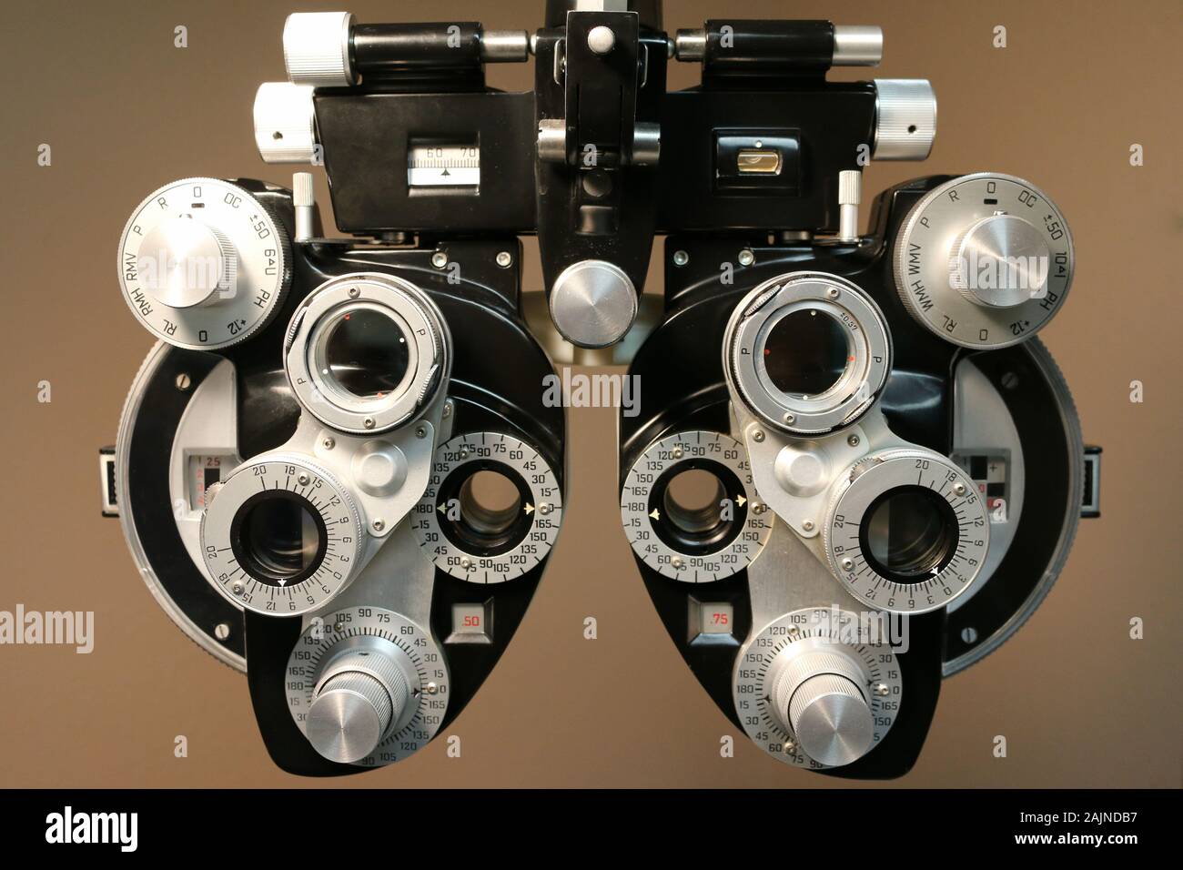 Close View of Phoropter Dials for Eye Exam Optometry Equipment Stock Photo