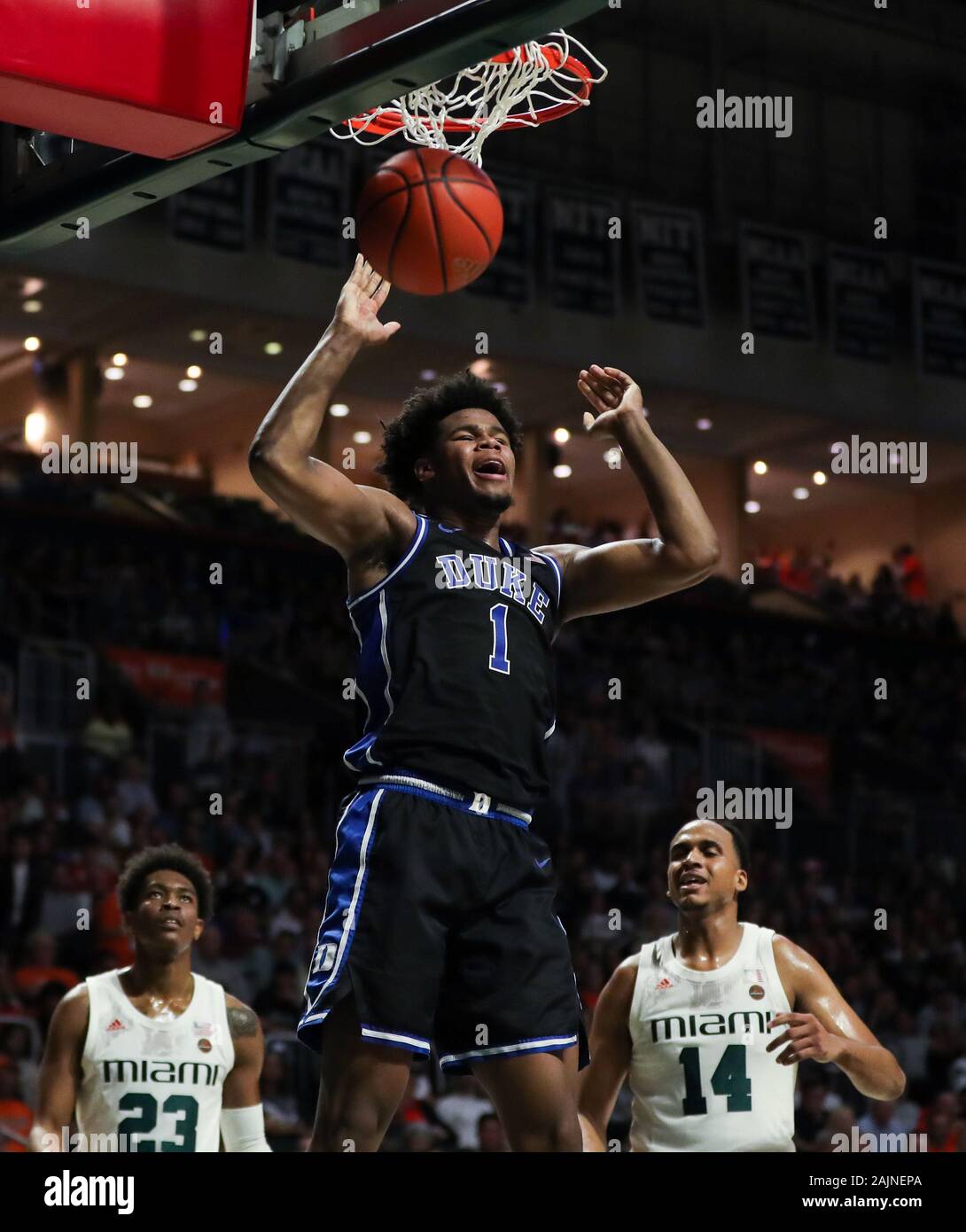 January 04, 2020: Duke Blue Devils center Vernon Carey Jr. (1) dunks the ball during the first half of an NCAA men's basketball game against the Miami Hurricanes at the Watsco Center in Coral Gables, Florida. Mario Houben/CSM Stock Photo