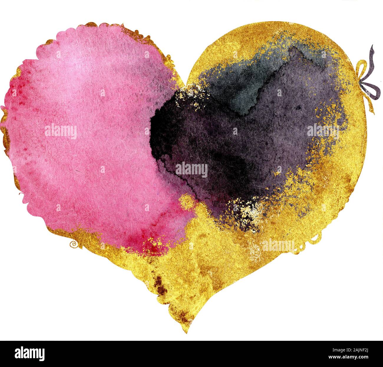 Watercolor pink and black heart with a lace edge with gold strokes ...