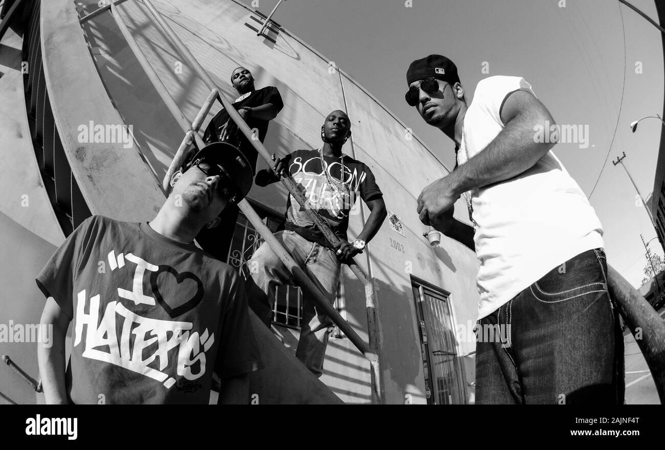 (L-R) DJ Dre Sinatra, Reggie Ramsey, rapper Shorty Mack and Truth of Knockout Ent portrait on June 21, 2010 in Los Angeles, California. Stock Photo