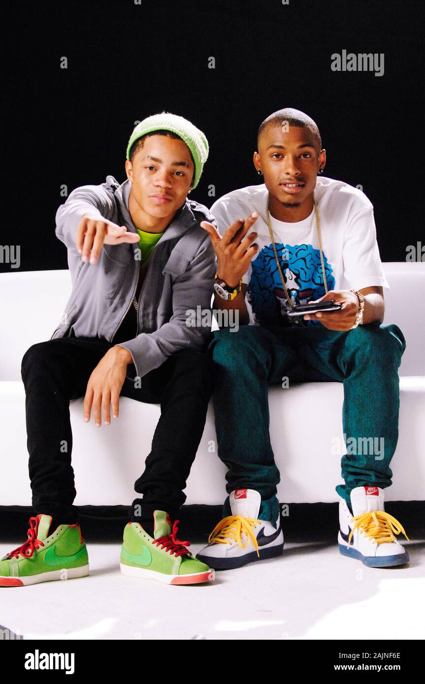 (LR) Rappers Earl "Ben J" Benjamin and Dominic "Legacy" Thomas of New Boyz portrait on set at