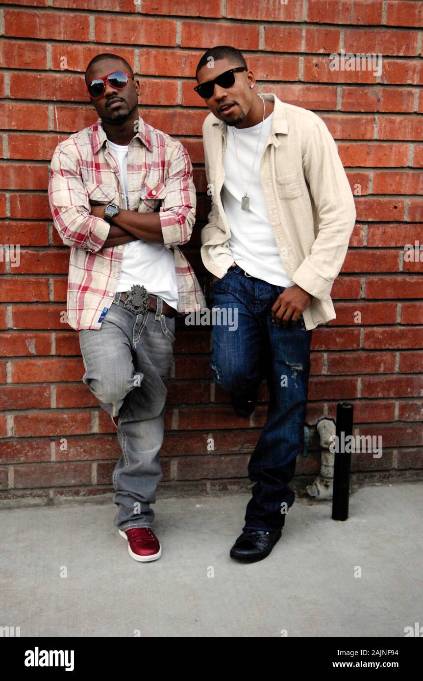 (L-R) Singer / Actor Ray J and rapper Jay Blaze portrait on set of Jay Blaze Featuring Ray J 'Universal Man' Music Video on June 21, 2010 in Los Angeles, California. Stock Photo