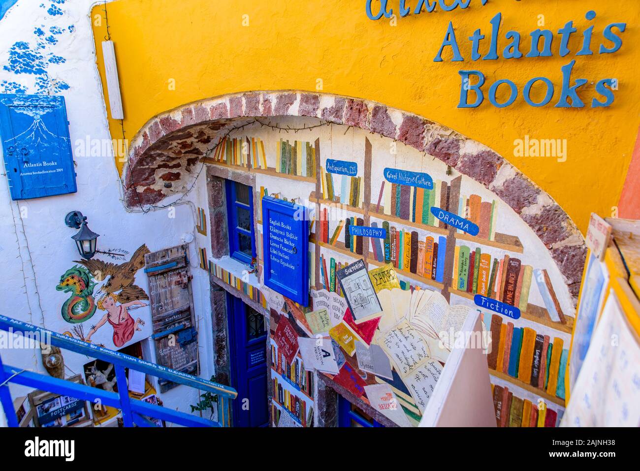 Atlantis Books, a bookshop on the main street of Oia, Santorin, Greece Stock Photo
