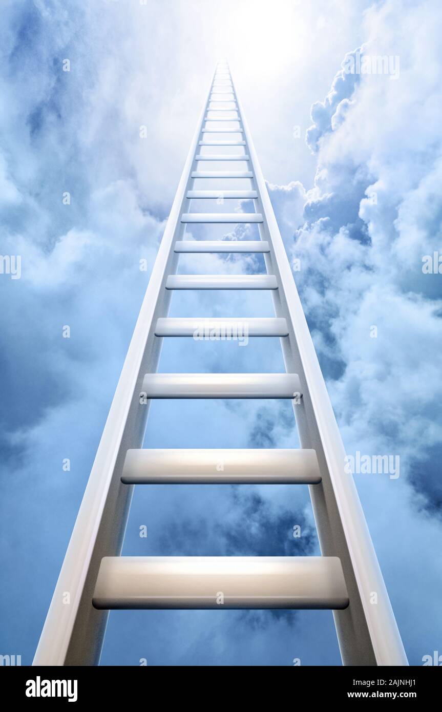 Ladder of success reaching up into a blue sky and clouds Stock Photo