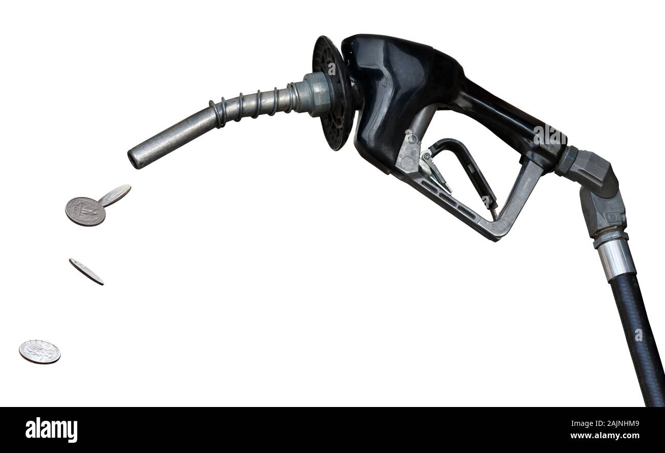 Gas pump nozzle pouring money to represent the high cost of fossil fuels Stock Photo