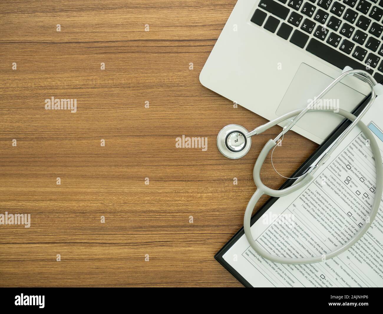 desk' doctor with computer, stethoscope, medical record application ...