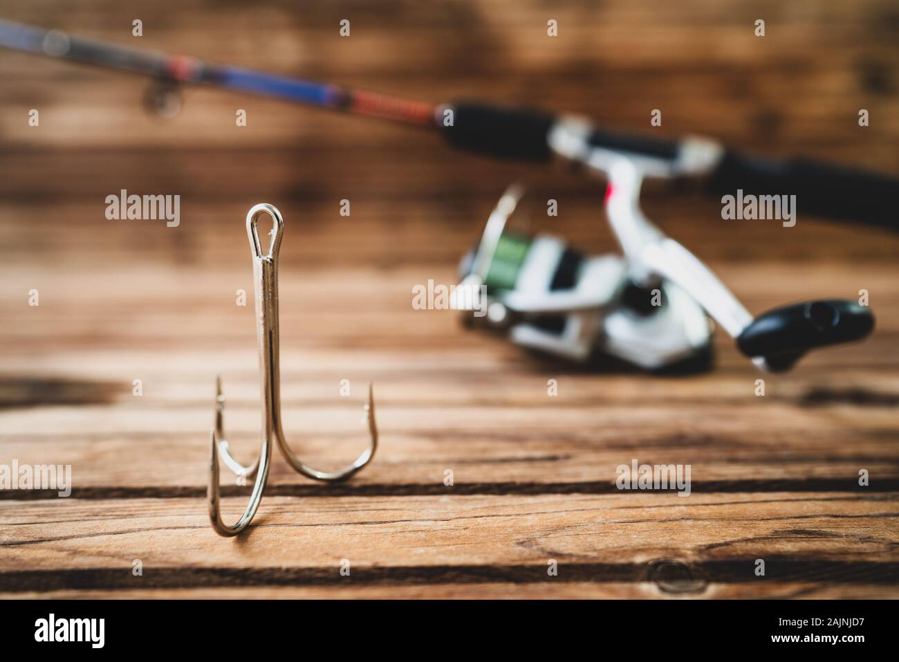 Preperation hook, tackle, pole and fishing equipment for a angling activity. Stock Photo