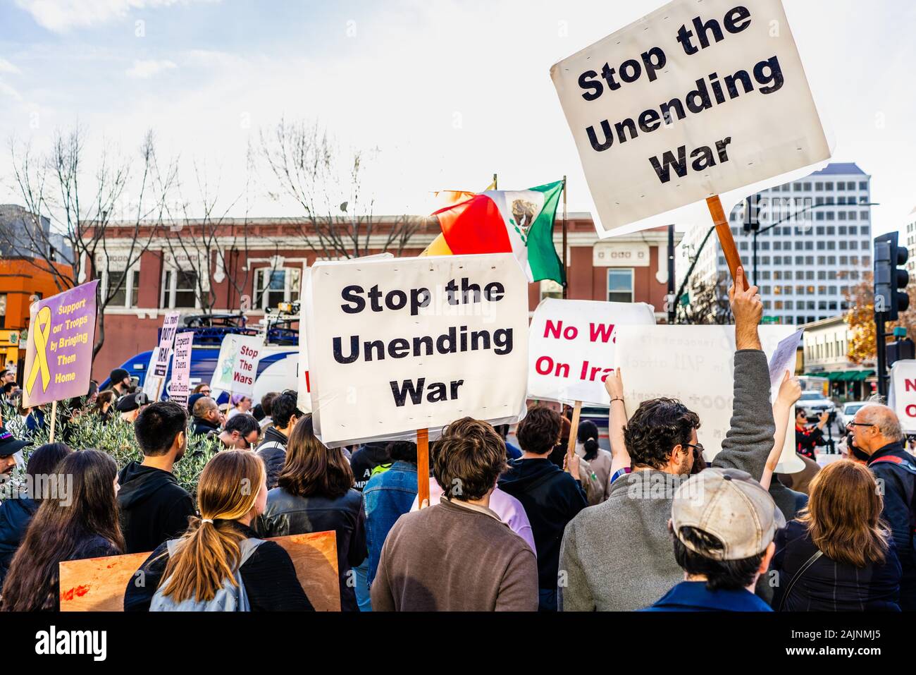 January 4, 2020 San Jose / CA / USA - Anti-war protest in front of the Cityhall in downtown San Jose; Stock Photo