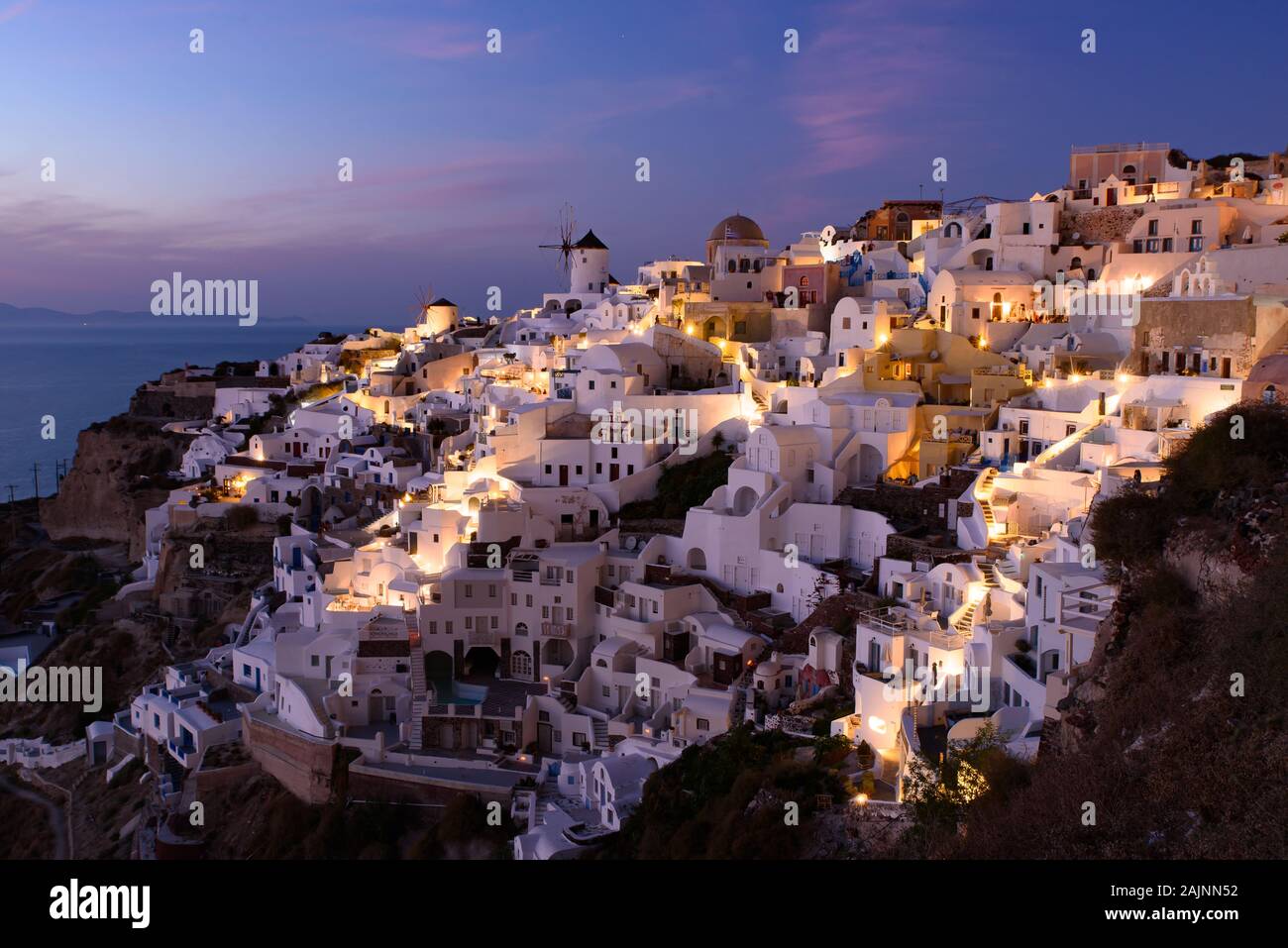 Night view of Oia village, Santorini, Greece Stock Photo