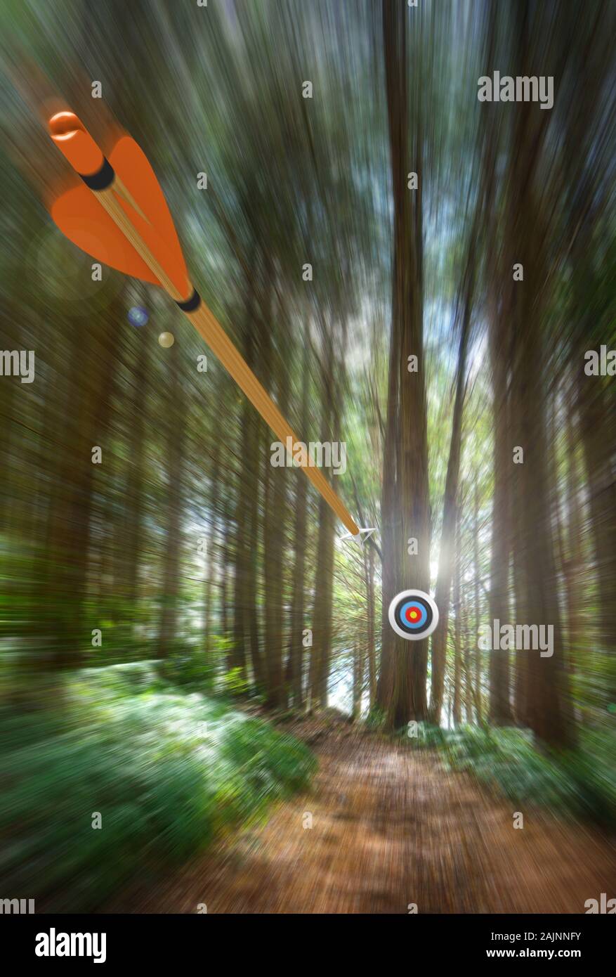 Arrow speeding to archery target with motion blur, part photo, part 3D rendering Stock Photo