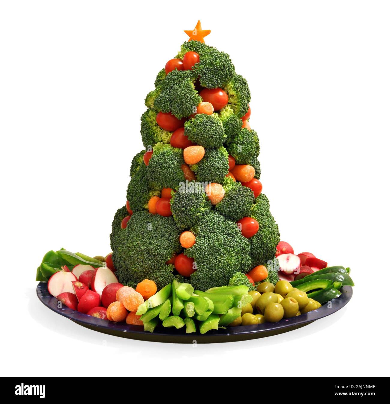 Homemade vegan holiday vegetable platter with broccoli Christmas tree Stock Photo