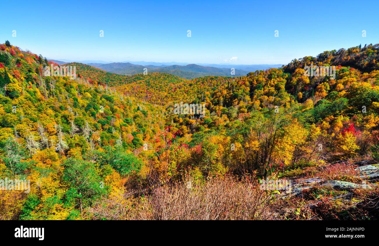 Autumn panorama at East Fork Overlook on the Blue Ridge Parkway during fall in the Appalachian Mountains Stock Photo