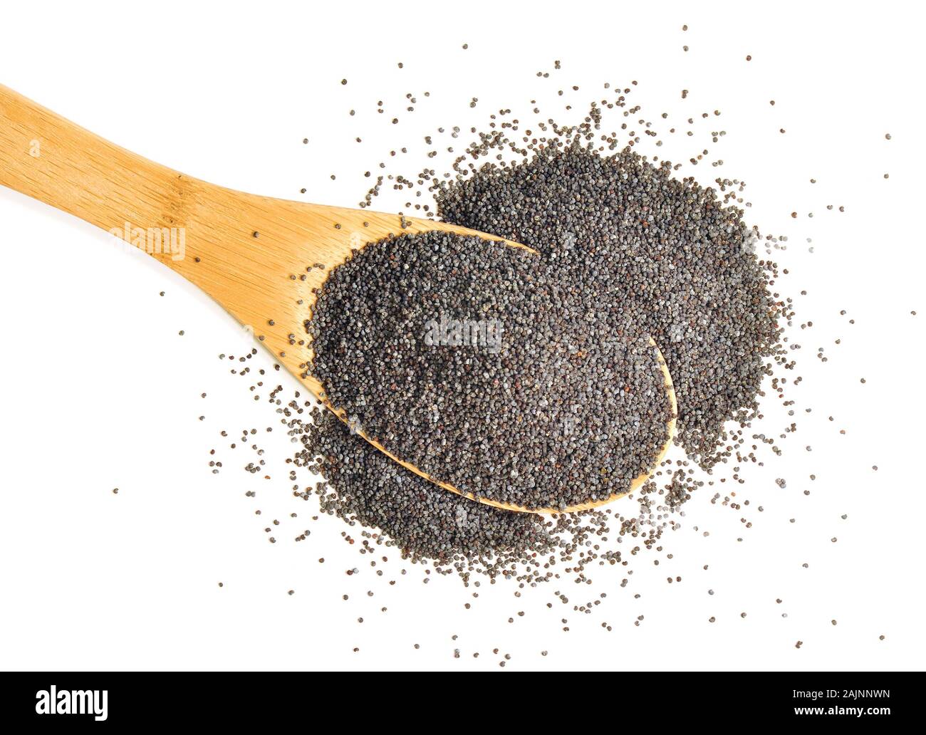 A heaped spoonful of organic poppy seeds on a white background Stock Photo