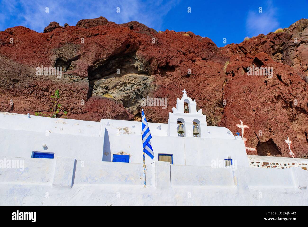 A Greek Orthodox Church near Red Beach in Santorini, Greece Stock Photo