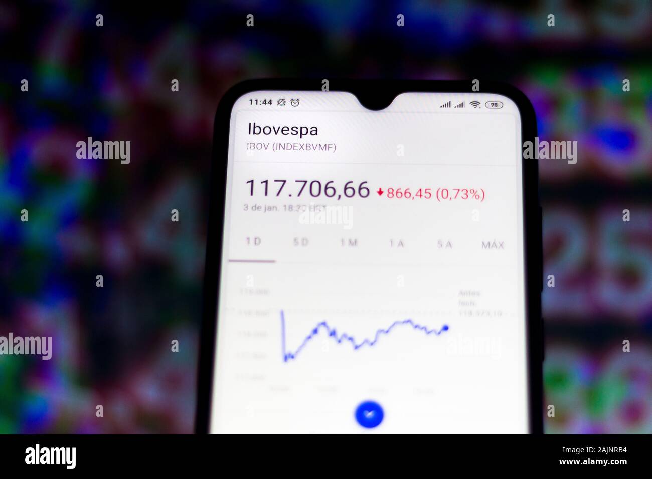 In this photo illustration the stock market data of the Ibovespa is viewed on a smartphone. Stock Photo