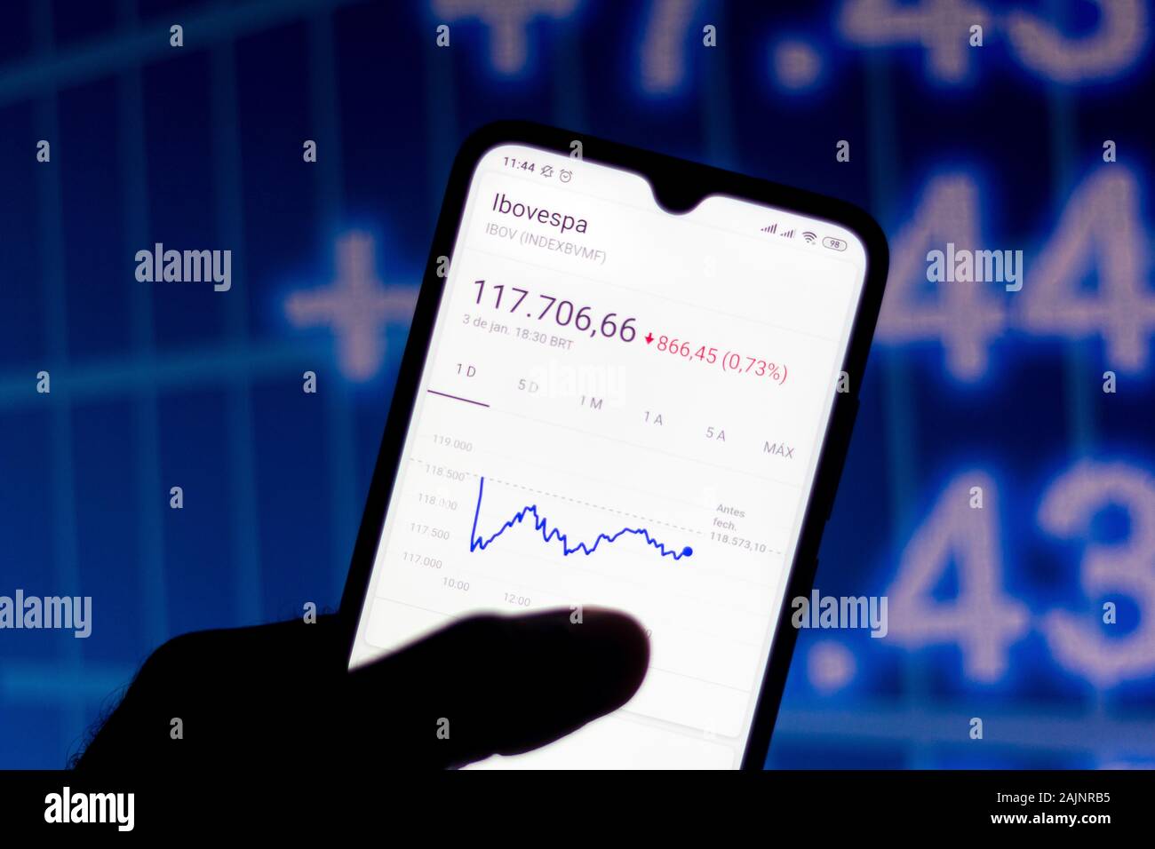 In this photo illustration the stock market data of the Ibovespa is viewed on a smartphone. Stock Photo