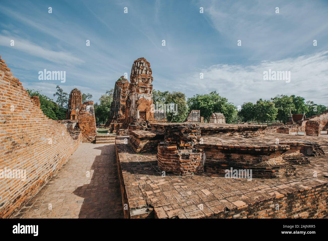 Amazing details of the Wat Maha That temple with the ruins of the Buddha statues. Stock Photo