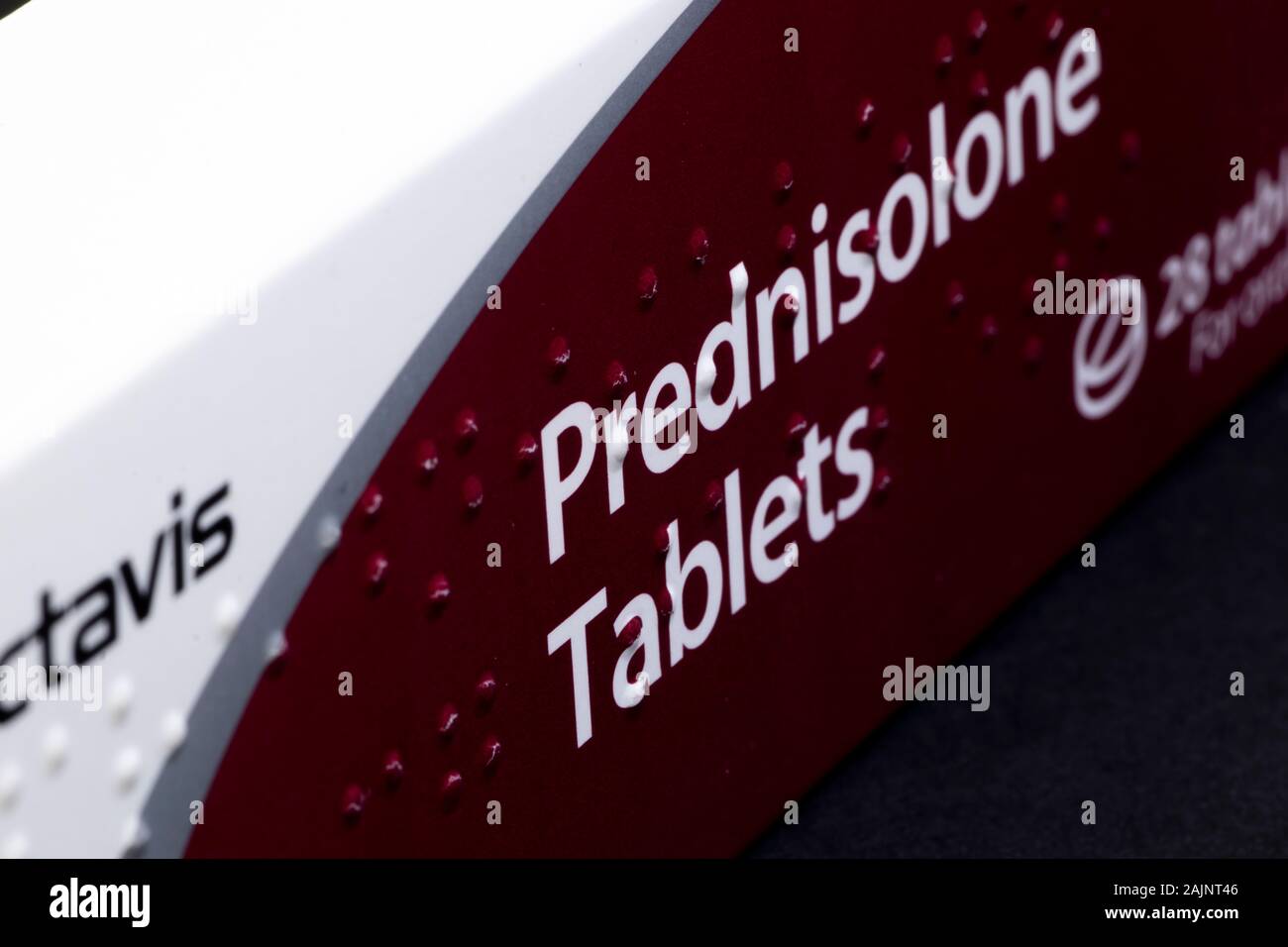 Box of Prednisolone tablets, steroid medication used to treat certain types of allergies