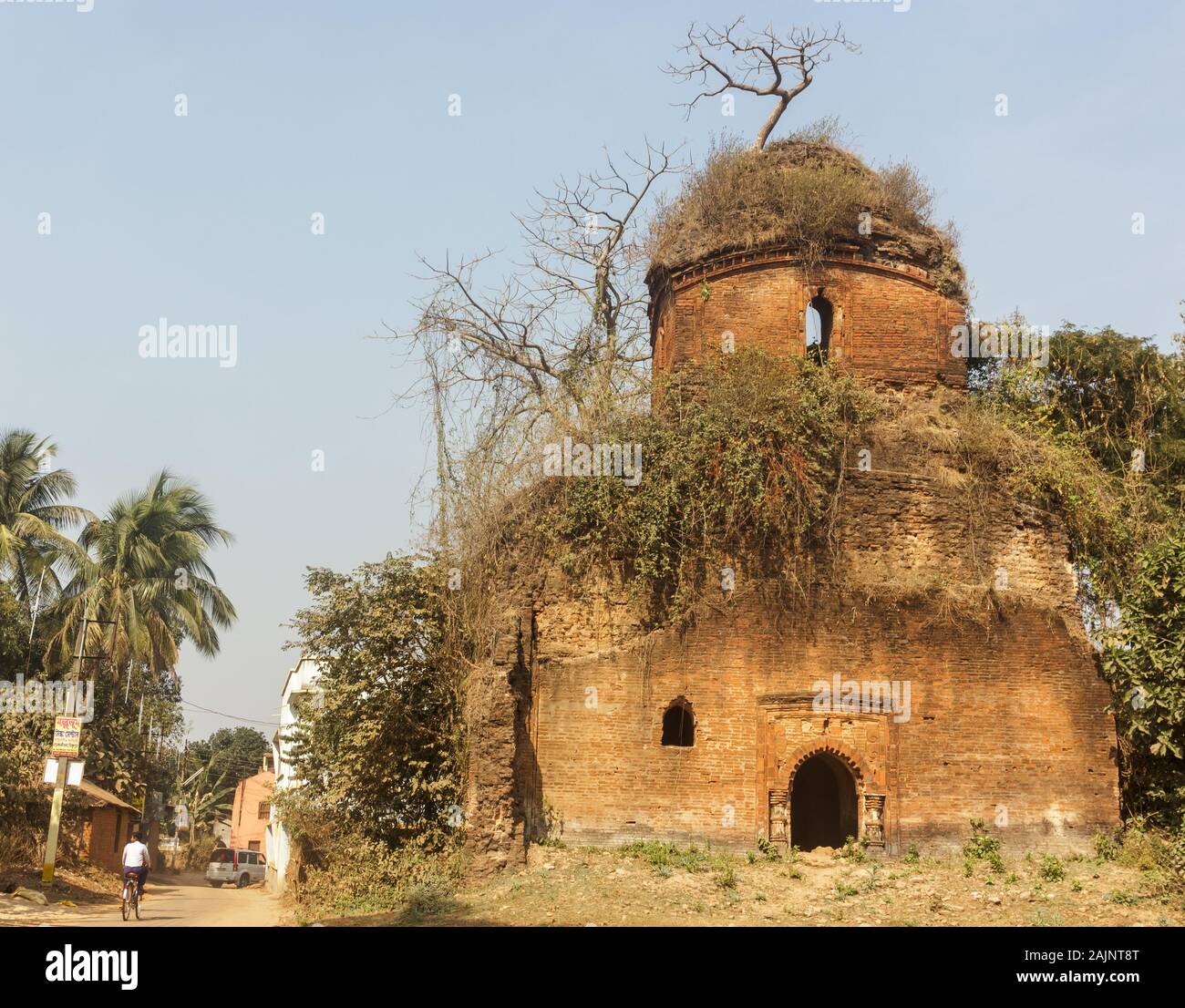 Bishnupur, West Bengal, India - February 6, 2018: An overgrown ruin of an old brick temple built by the Malla dynasty. Kids cycle on the road that goe Stock Photo