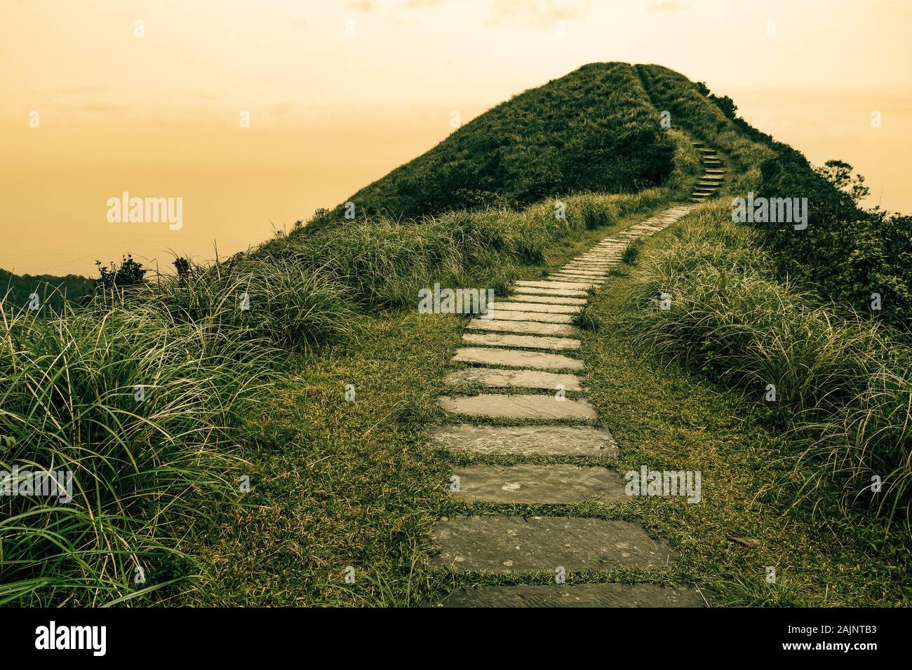 Fairy tale landscape and stepping stone path over a hill on the horizon at the Taoyuan Valley Trail in Taiwan Stock Photo