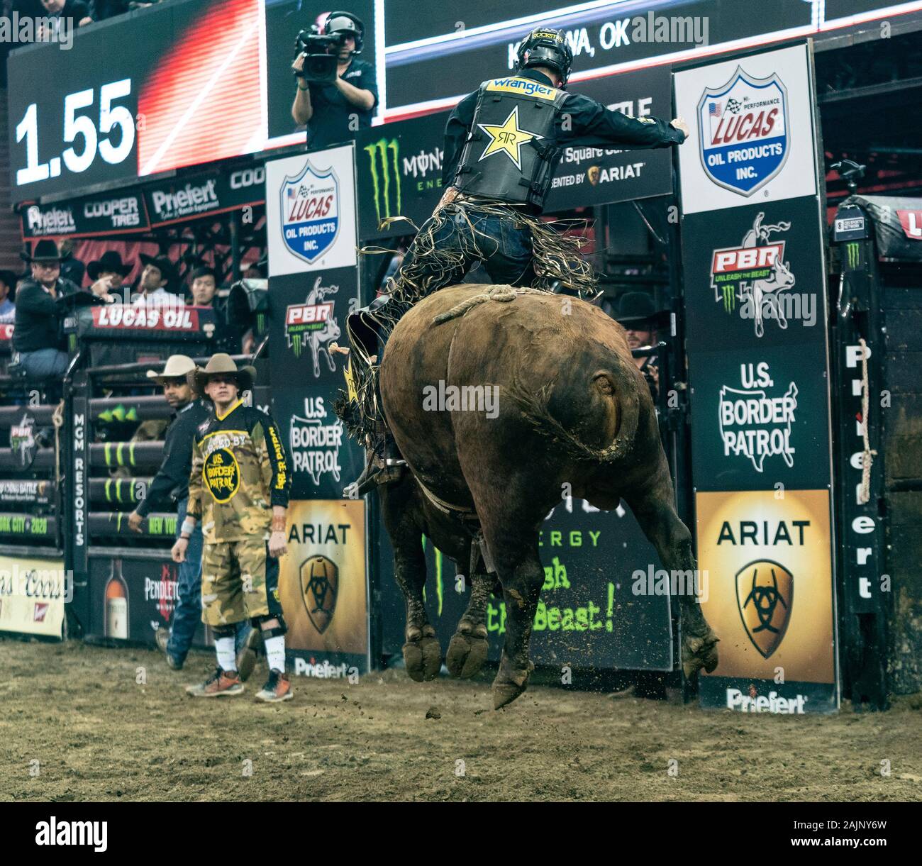 Professional bull rider Colten Jesse rides off “Test Me” during round one  of the “PBR Unleash The Beast Monster Energy Buckoff” at Madison Square  Garden in New York, NY, January 3, 2020. (
