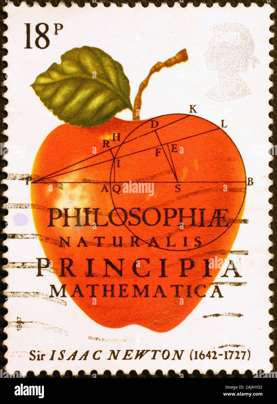 Celebration of Isaac Newton on british postage stamp Stock Photo