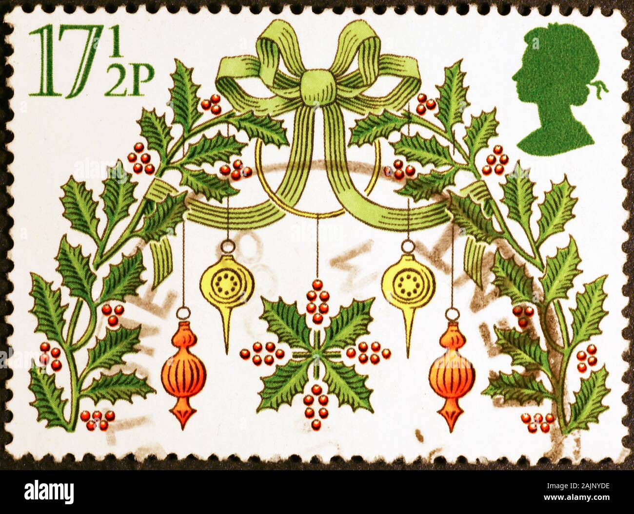 Christmas decoratios on uk postage stamp Stock Photo
