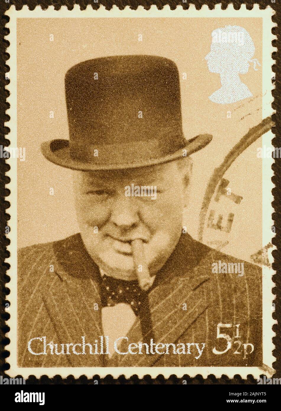 Portrait of Winston Churchill on british postage stamp Stock Photo