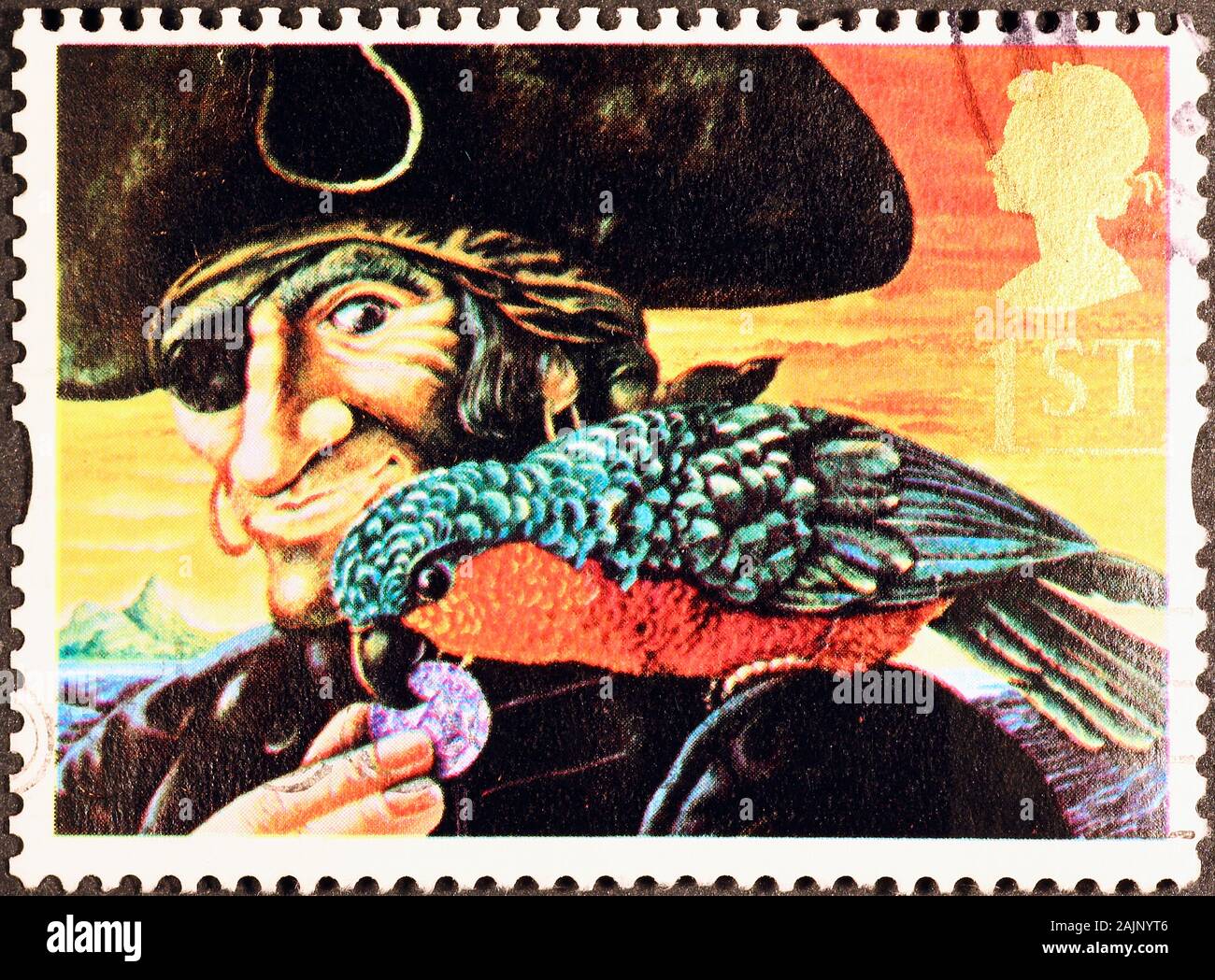 Pirate and parrot on british postage stamp Stock Photo