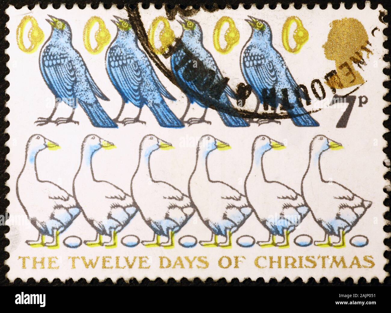 Twelve days of Christmas, 4th 5th and 6th day on british postage stamp Stock Photo