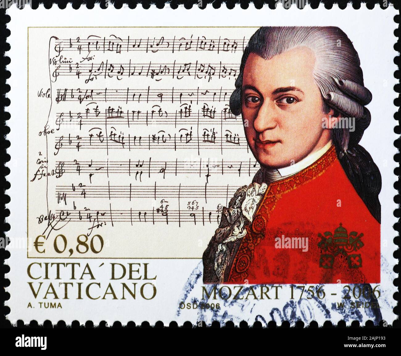 Portrait of Mozart on stamp of Vatican City Stock Photo