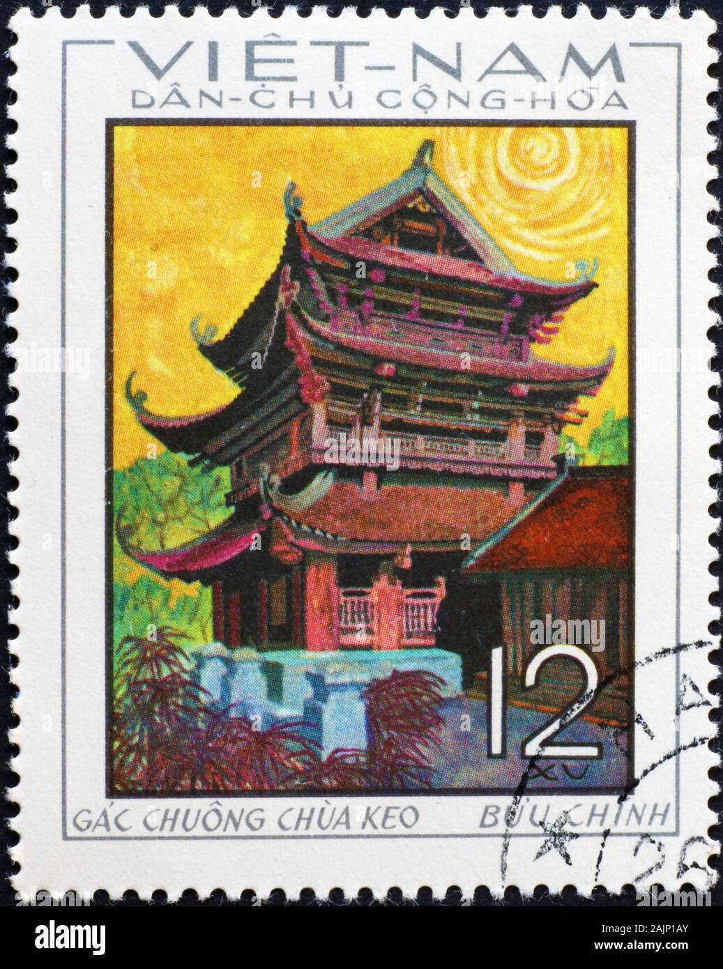 Old Pagoda on vietnamese postage stamp Stock Photo
