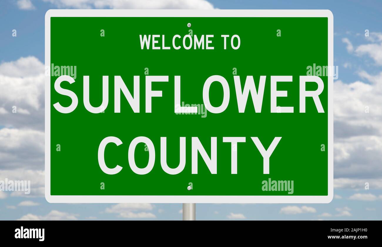 Rendering of a green 3d highway sign for Sunflower County Stock Photo