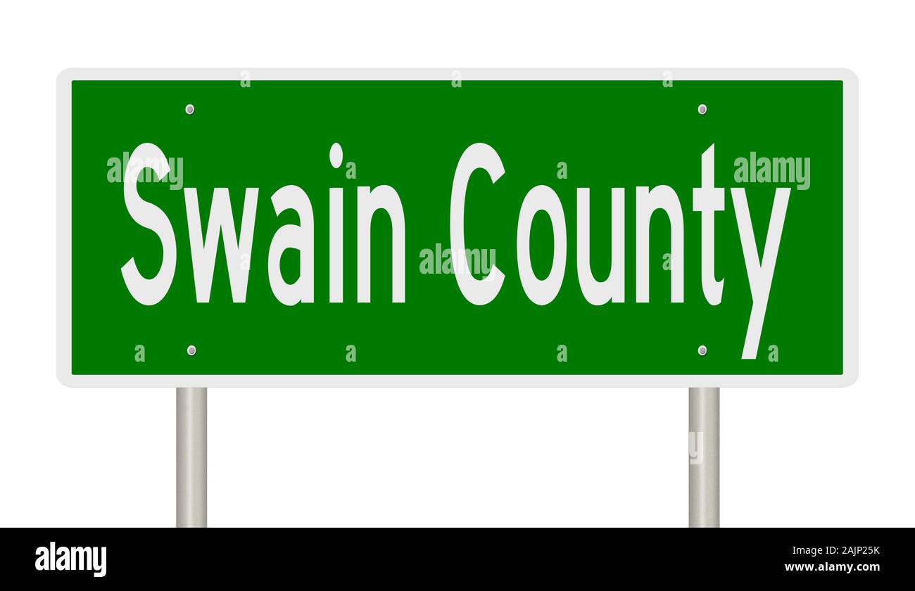 Rendering of a green 3d highway sign for Swain County Stock Photo