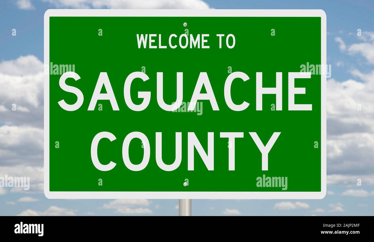 Rendering of a green 3d highway sign for Saguache County Stock Photo