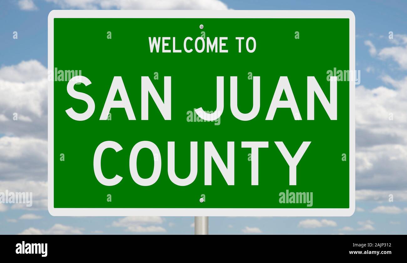 Rendering of a green 3d highway sign for San Juan County Stock Photo