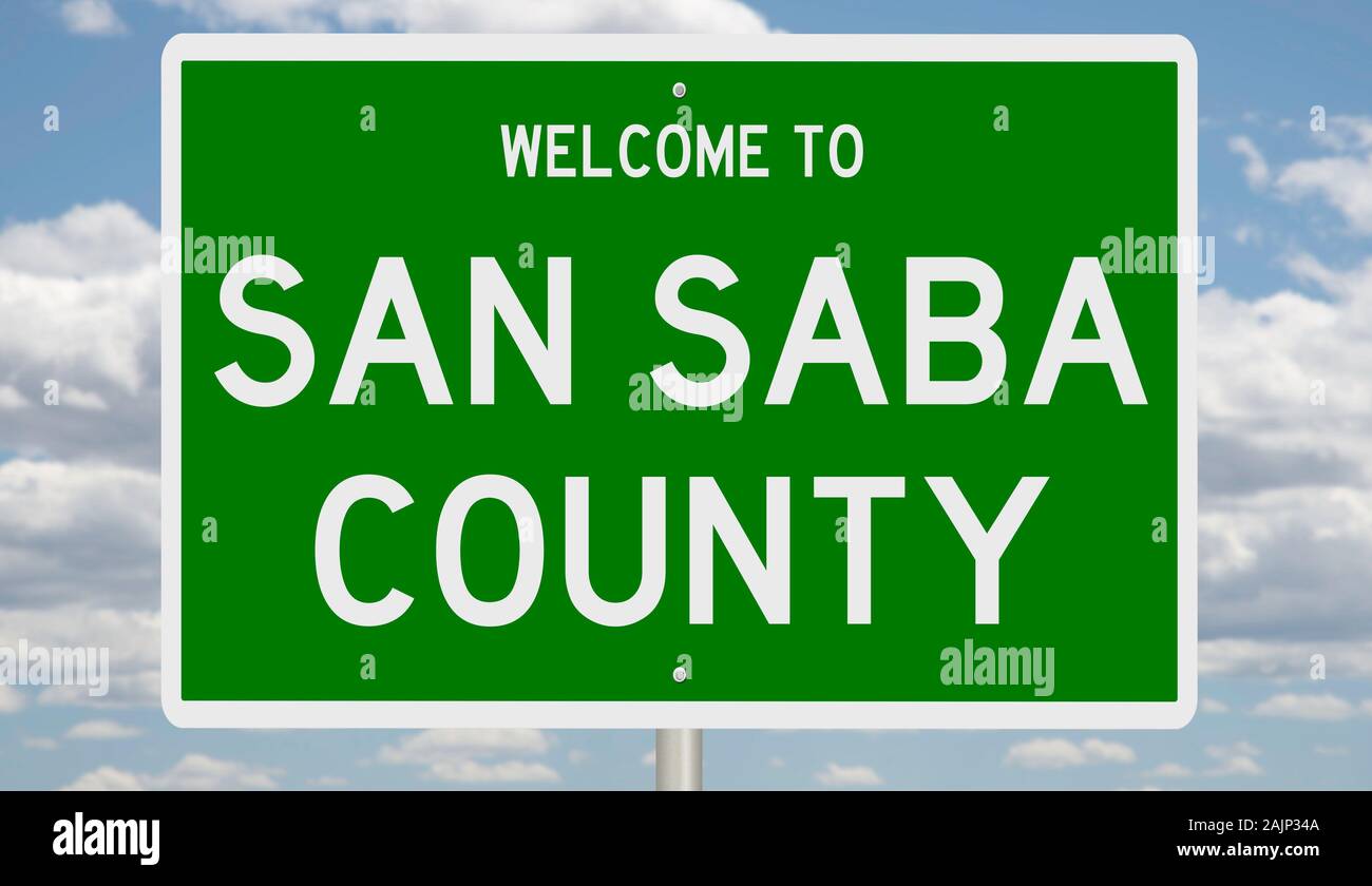 Rendering of a green 3d highway sign for San Saba County Stock Photo