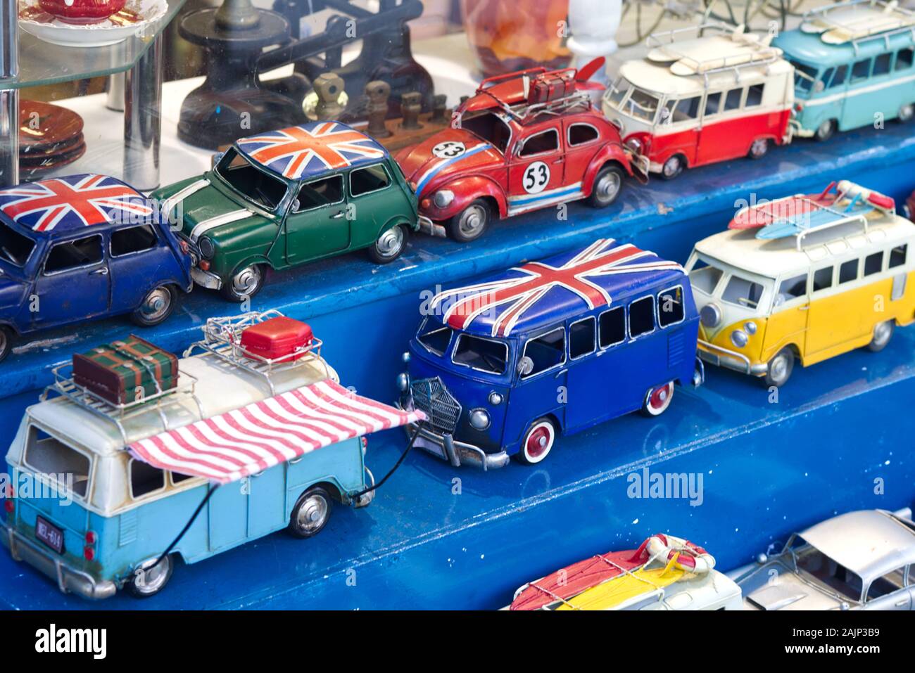 Volkswagen toy cars and campers on a market stall Stock Photo