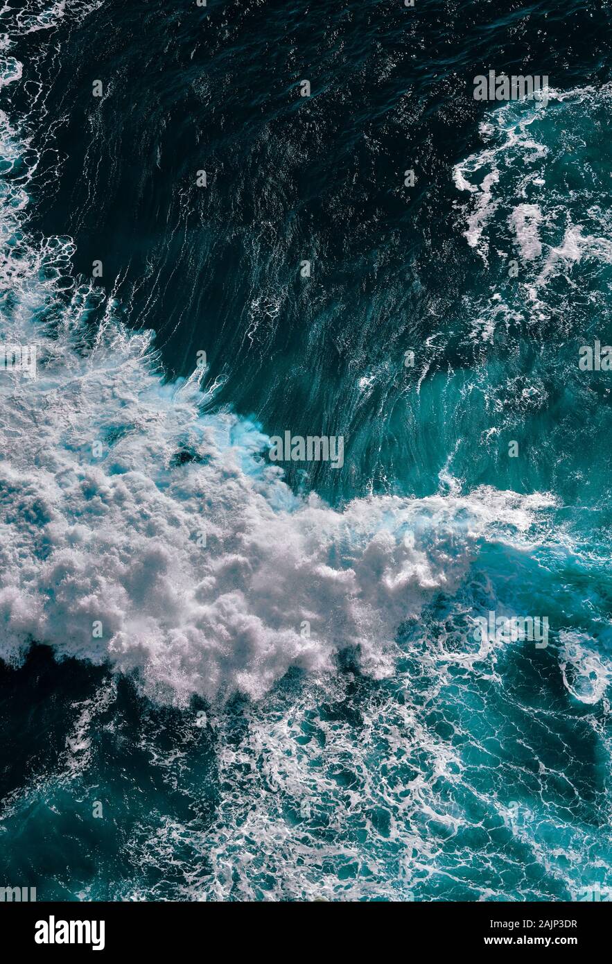 Aerial view to sea landscape, water with waves and rocks. Dramatic ...