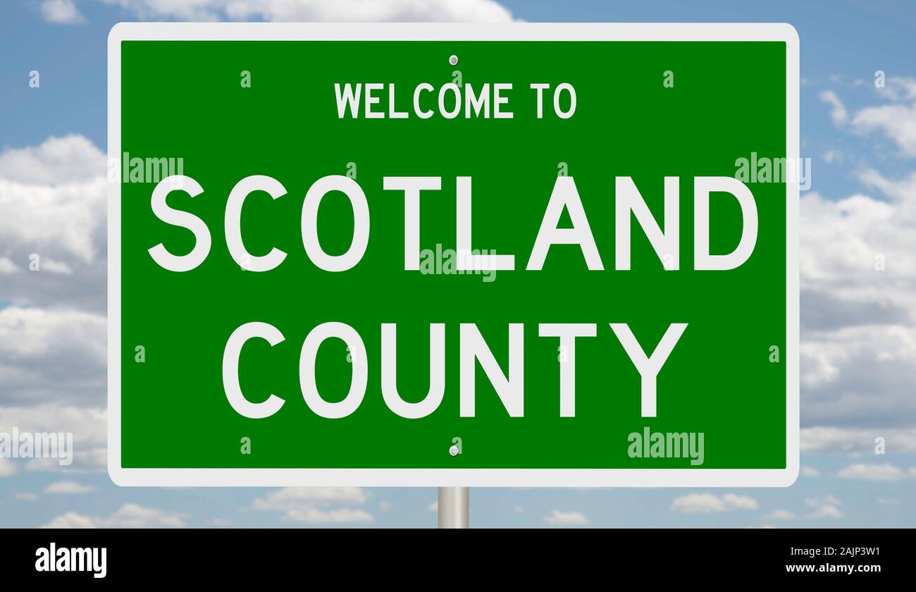 Rendering of a green 3d highway sign for Scotland County Stock Photo