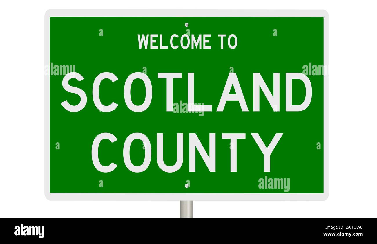 Rendering of a green 3d highway sign for Scotland County Stock Photo
