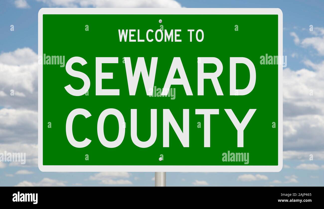 Rendering of a green 3d highway sign for Seward County Stock Photo