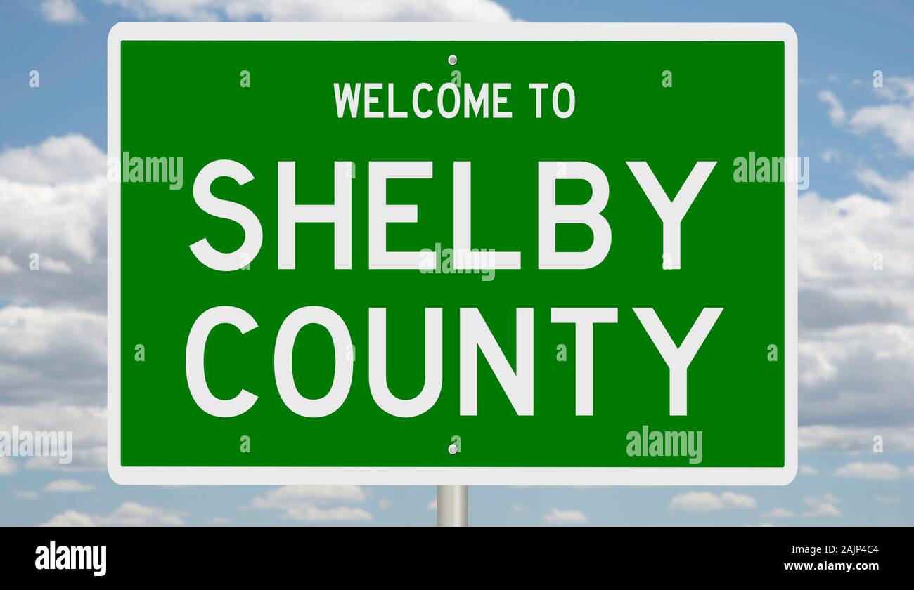 Rendering of a green 3d highway sign for Shelby County Stock Photo