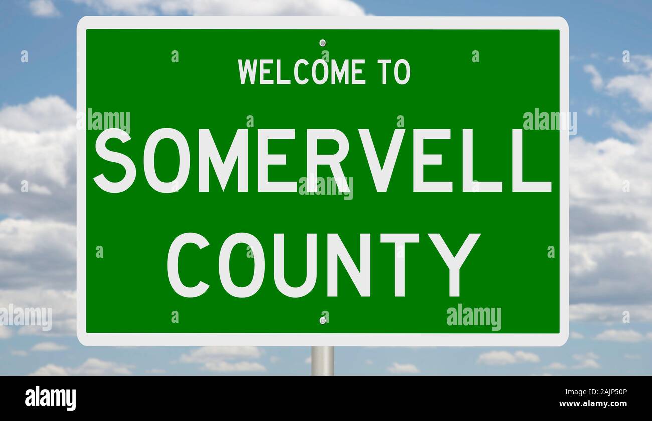 Rendering of a green 3d highway sign for Somervell County Stock Photo